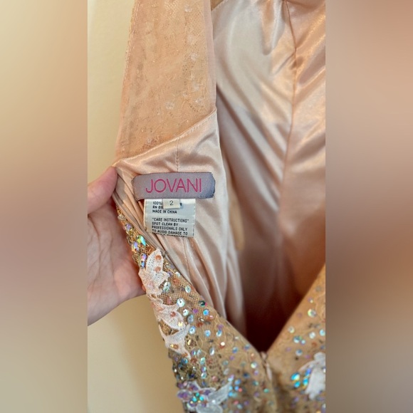 JOVANI Vintage Tan Floral Embellished Sequin Jeweled Midi Dress, Size 2 - Picture 12 of 16